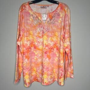 NEW Quacker Factory Women's Floral Rhinestone Tunic Top Size XL Pink Orange Boho